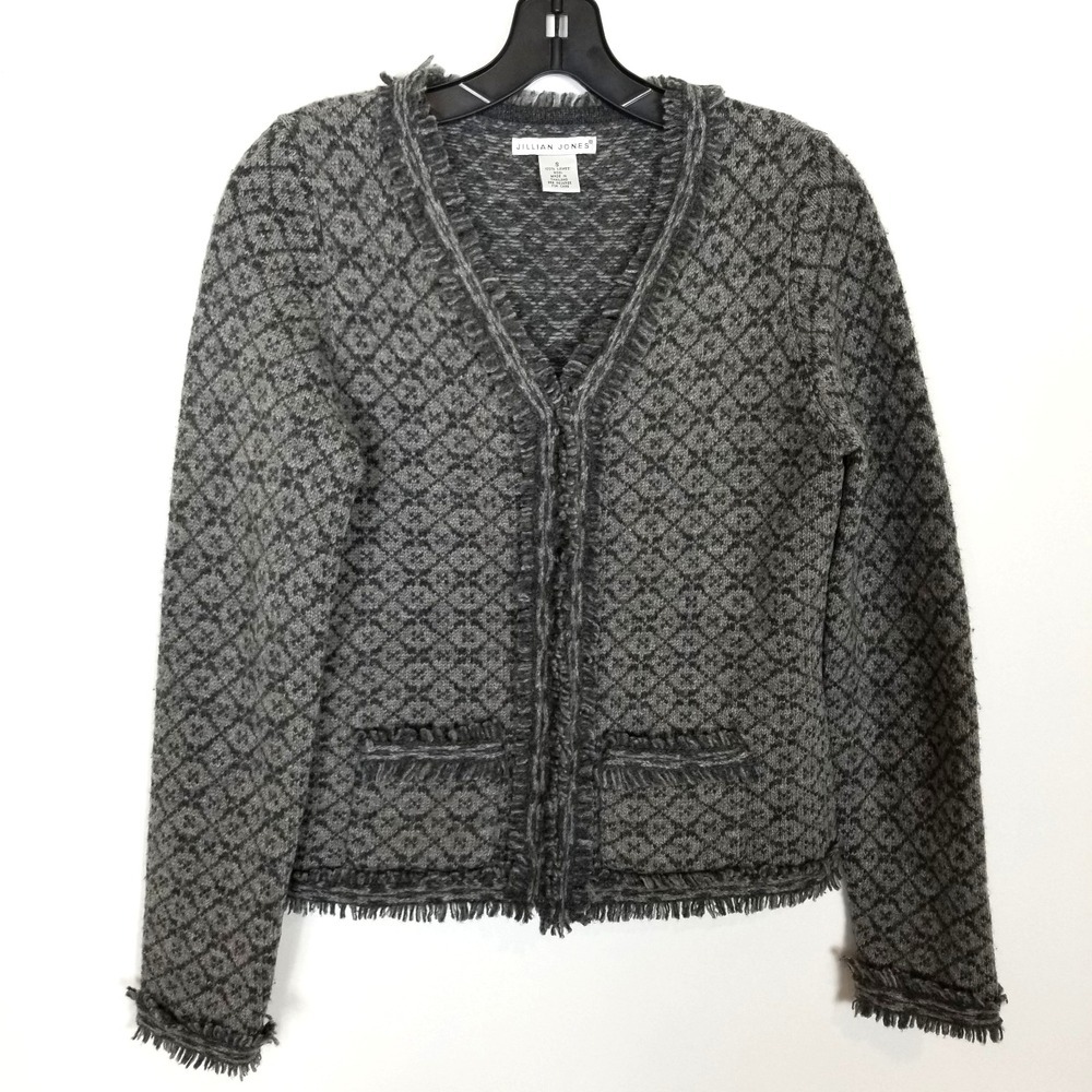 Jullian Jones Women 100% Lambs Wool Geometric Cardigan Sweater‎ Sz S Gray Fringe